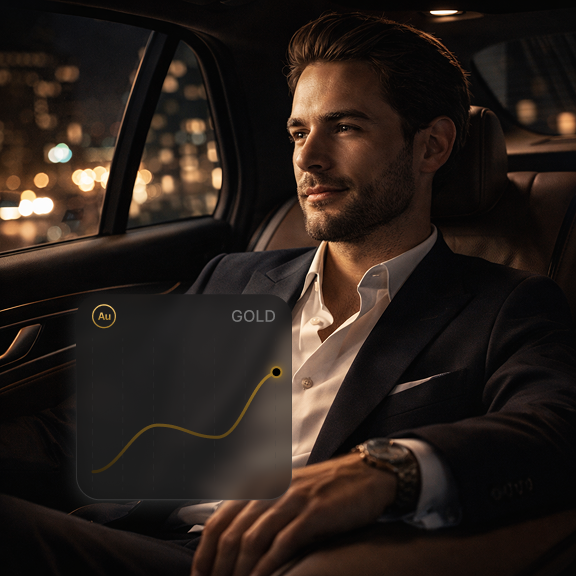 GOLDCARD lifestyle – man in luxury car with gold portfolio indicator